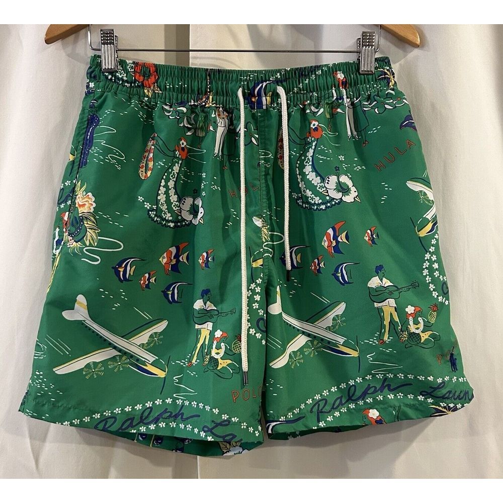Polo Ralph Lauren Green Hawaiian Aloha‎ All Over Print Swim Trunks Mesh Lined